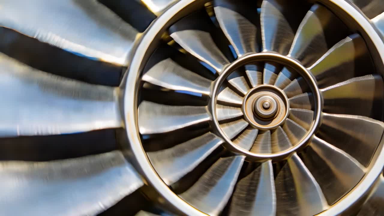 Optager jetmotorventilatornav, buede vinger drejer langsomt med uret på fly, med bevægende højdepunkter.