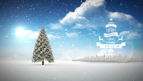 Animation-of-christmas-greetings-over-winter-landscape-background-with-christmas-tree