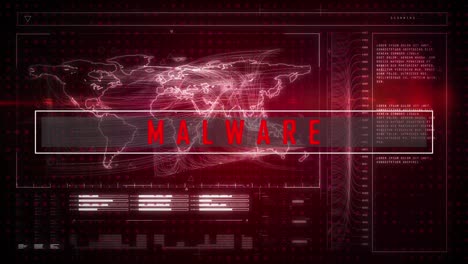 animación de la red de conexiones y la interfaz digital y el texto de malware sobre un fondo oscuro
