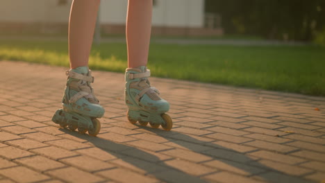 vista de la pierna de una mujer patinando lentamente en un camino entrelazado, usando patines de color azul, proyectando sombra en el suelo bajo la cálida luz del sol, fondo borroso con vegetación exuberante, edificios y árboles