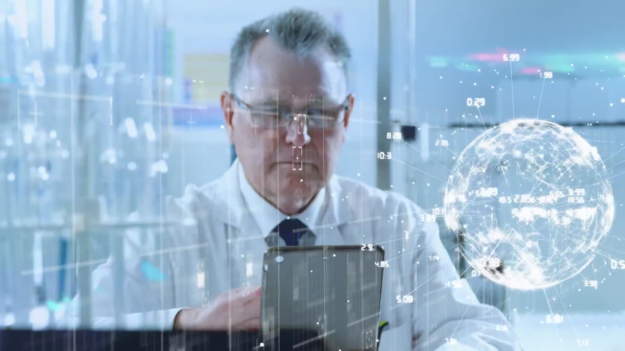 디지털 아이콘 네트워크의 애니메이션과 스마트폰을 사용하여 사람 위에서 회전하는 지구