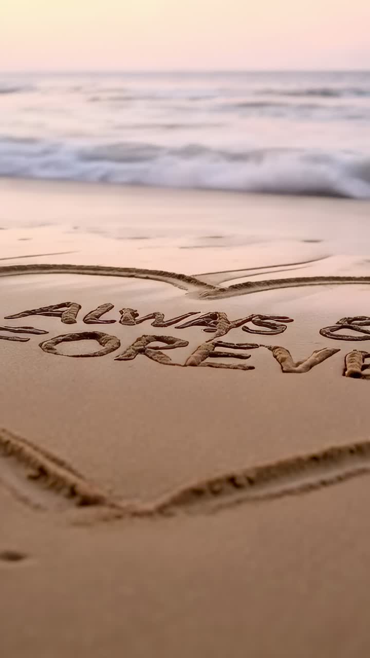 Video verticale: onde che si infrangono ed erodono un cuore disegnato sulla sabbia della riva, sfocando le parole "Always and Forever" al sole.