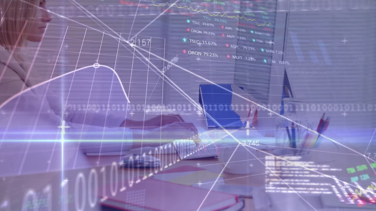 Animation of binary coding and financial data processing over caucasian businesswoman in office