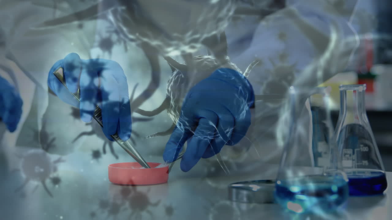 animación de células de coronavirus sobre la ciencia en el laboratorio