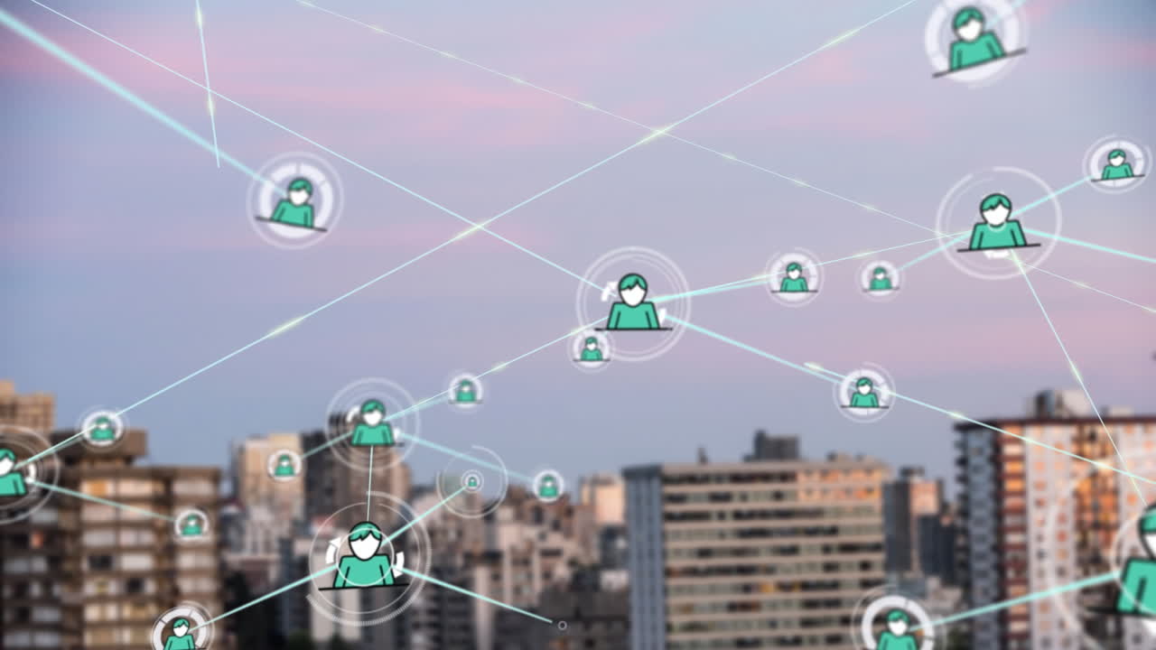 animación de una red de iconos de perfil contra una vista aérea de edificios altos