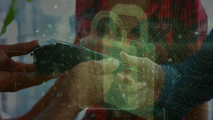 Animation of padlock icon and cyberattack warning over diverse people paying with credit card