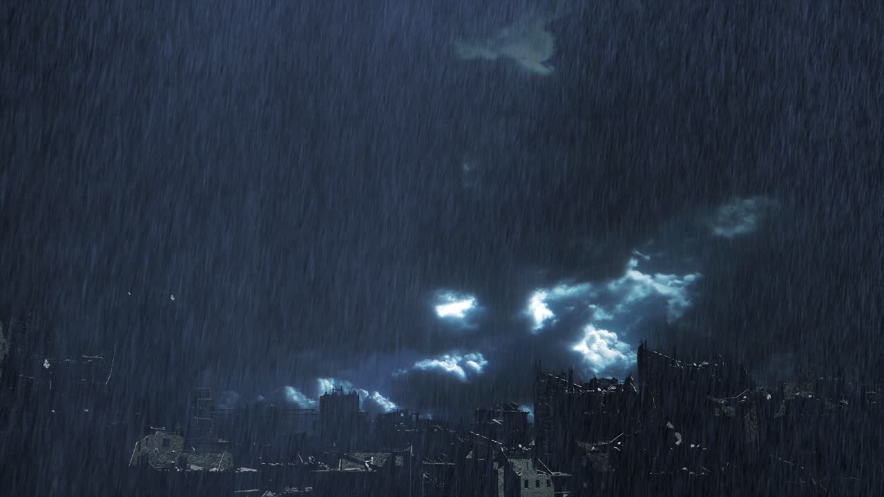 ciudad en ruinas bajo un cielo tormentoso