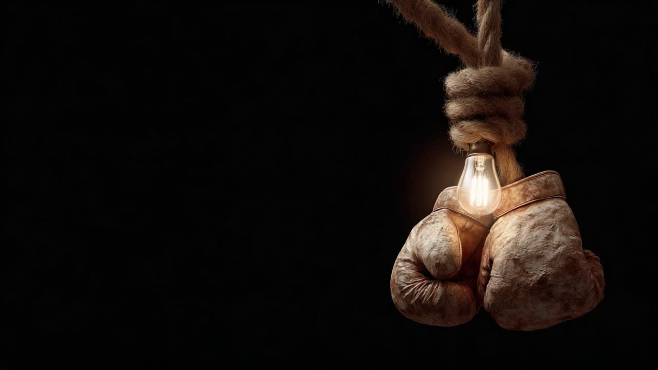 Suspended Boxing Gloves Illuminated by a Vintage Light Bulb, Creating a Unique Contrast Between Sport and Art in a Dark Background Setting for a Striking Visual Effect