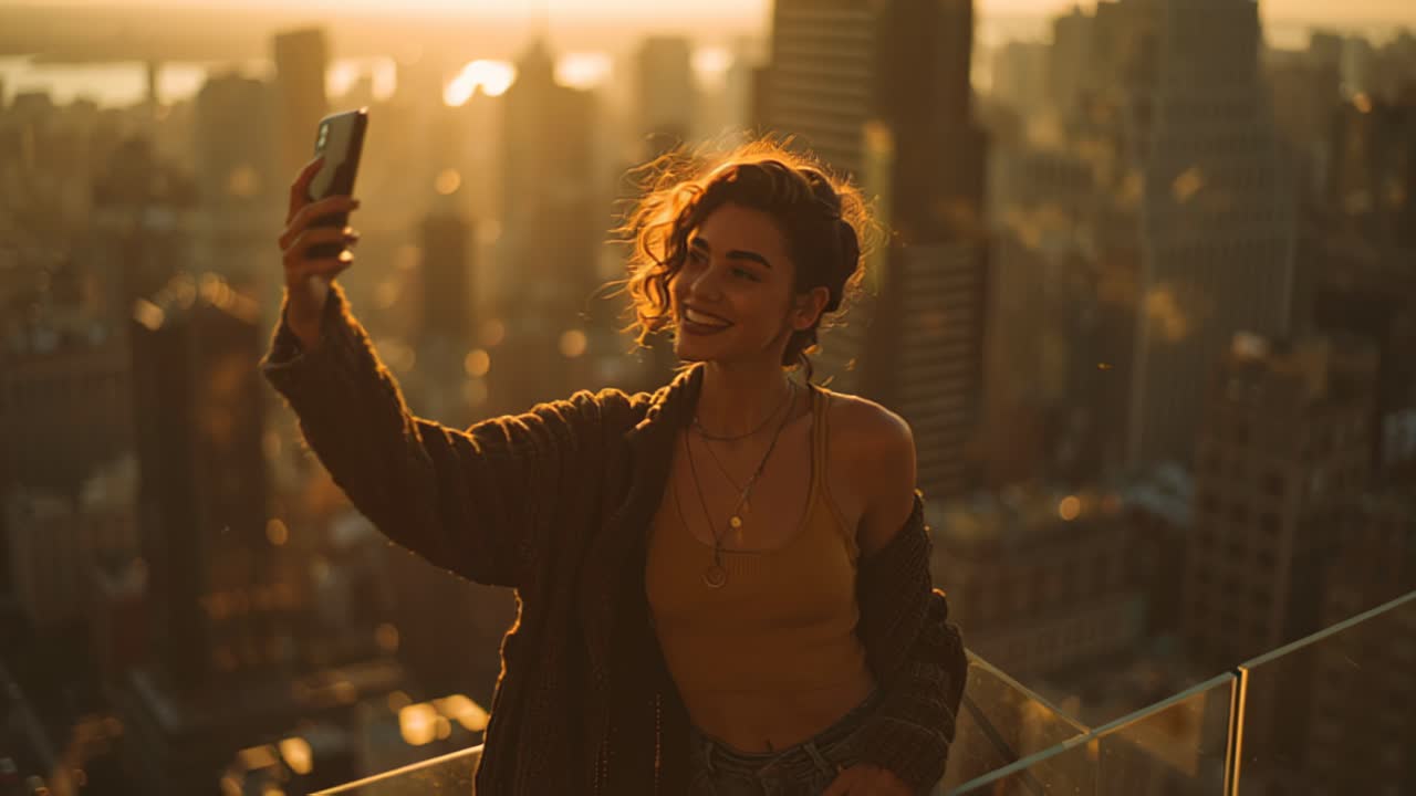 Giovane donna allegra che si scatta un selfie su una terrazza panoramica all'ora d'oro, con la calda luce del sole e uno skyline moderno della città sullo sfondo, catturando lo stile di vita urbano e la cultura dei social media.