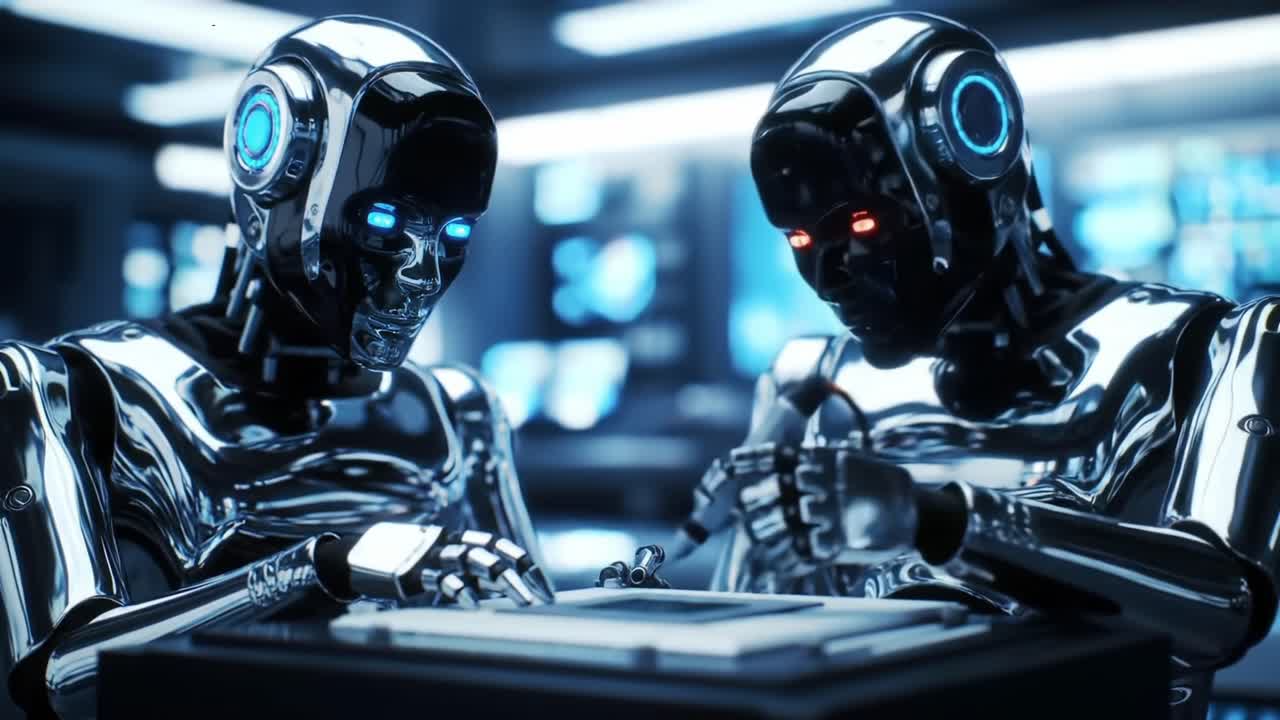 Two advanced robots engaged in a detailed electronic task, showcasing their sleek chrome bodies and illuminated features in a high-tech environment filled with screens