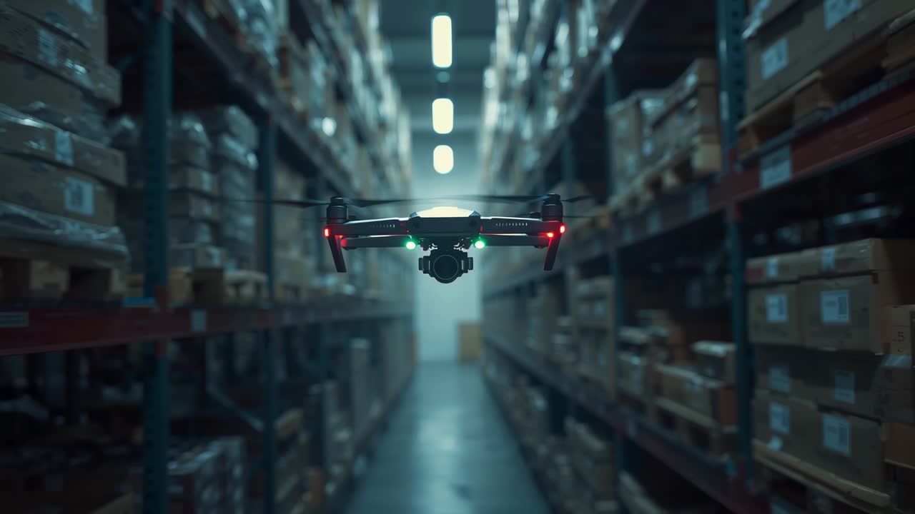 Entering warehouse aisle, quadcopter drone scanning inventory on metal shelves using onboard camera