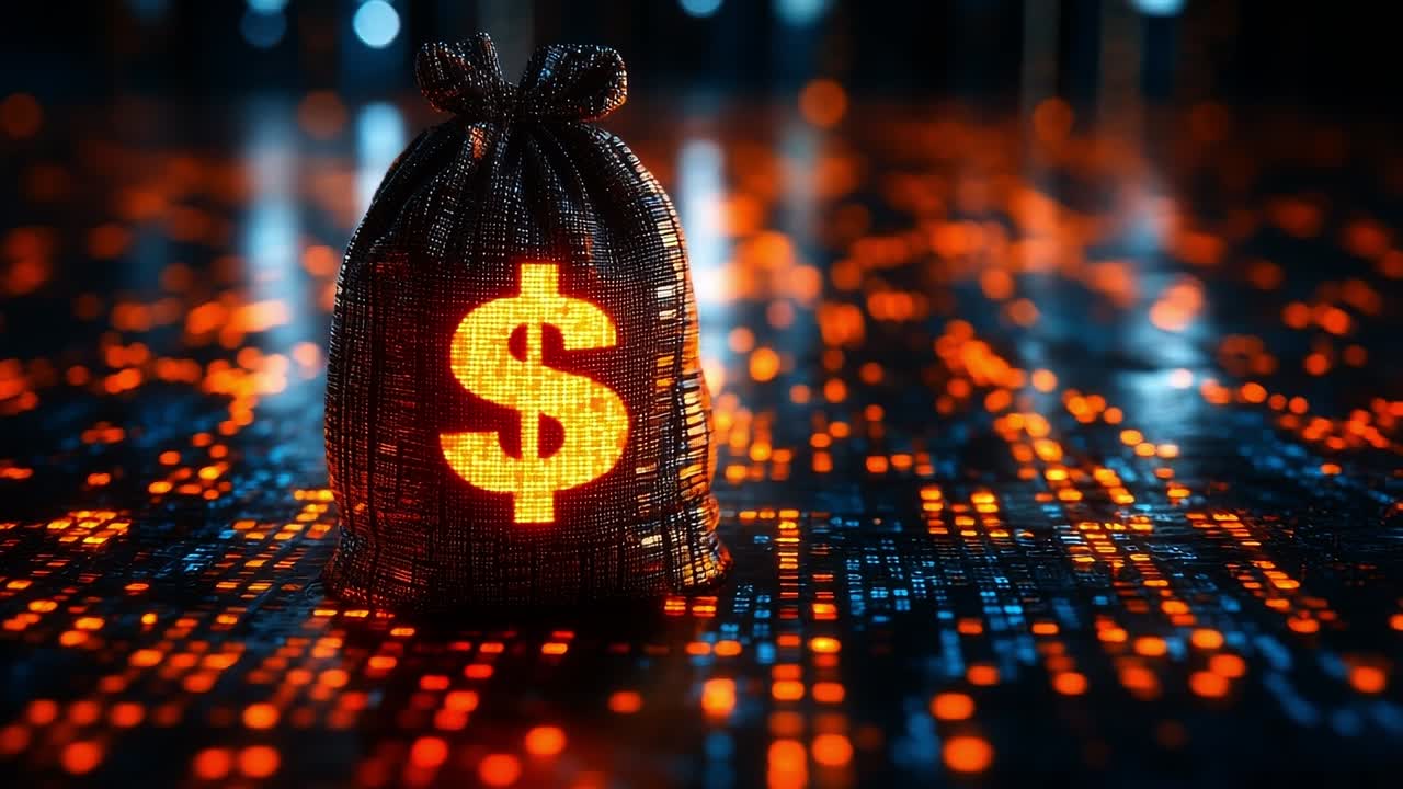 Shining digital coin bag. A glowing money bag stands out on a dark, digital background filled with bright pixels and technology motifs.