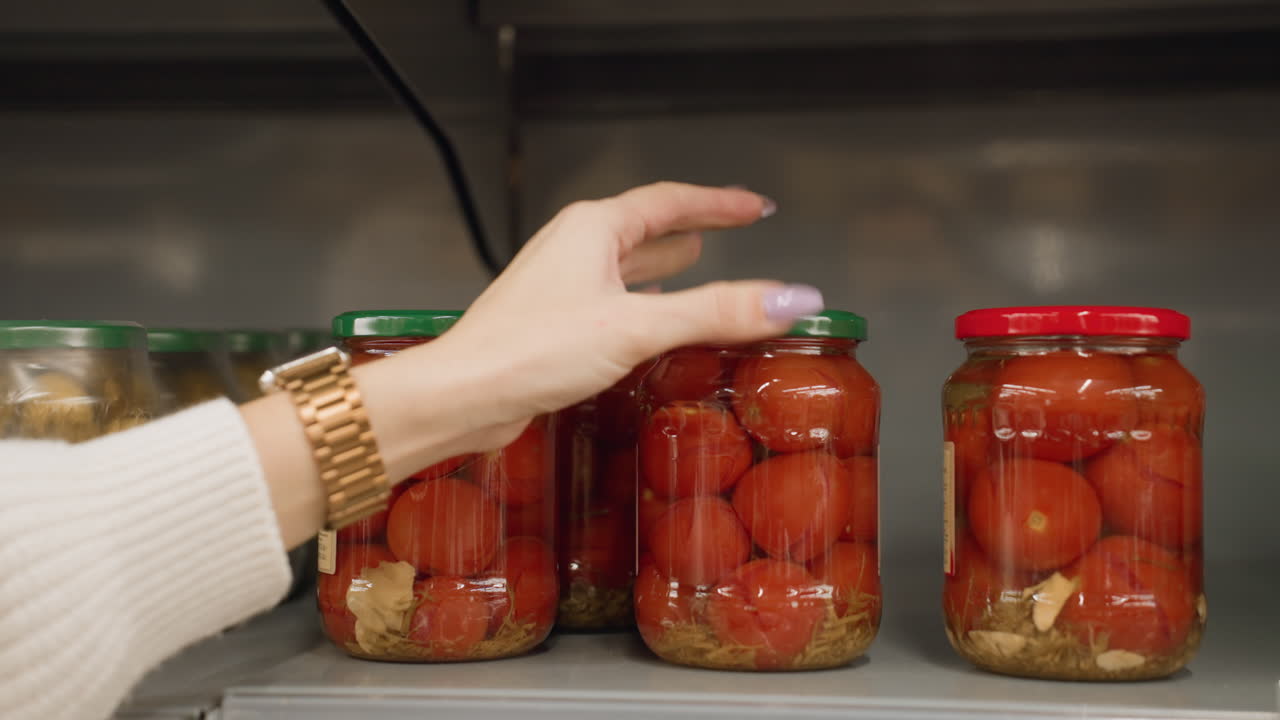 Close up of woman hand taking transparent jar of tomatoes with green and red lids from metal store shelf rails in bright grocery aisle highlighting polished nails wrist watch and blurred background
