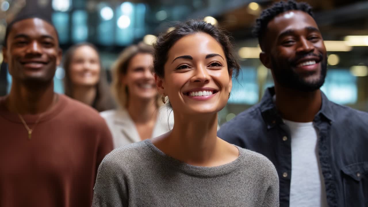 A Diverse Group of Friends Smiling and Enjoying Each Other's Company in a Vibrant Indoor Setting, Showcasing Joyful Expressions and Positive Energy in a Modern Environment