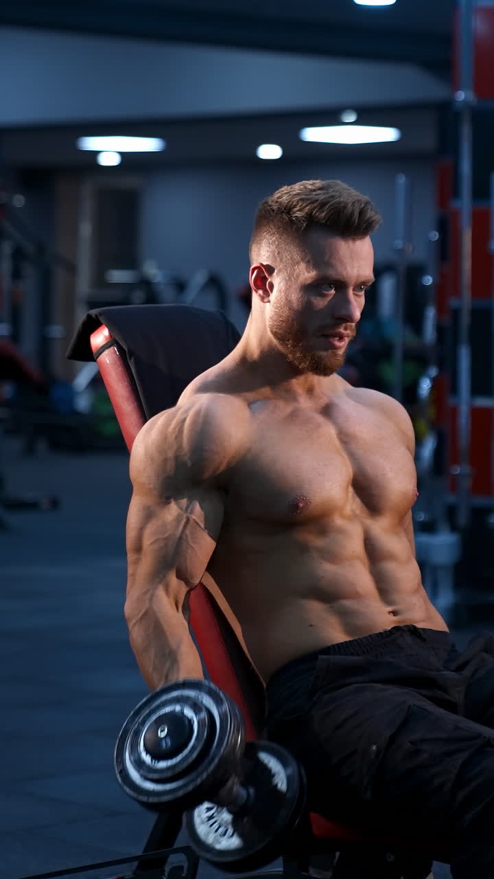 Athletic man with dumbbells. Handsome muscular man working out with dumbbells. Vertical video