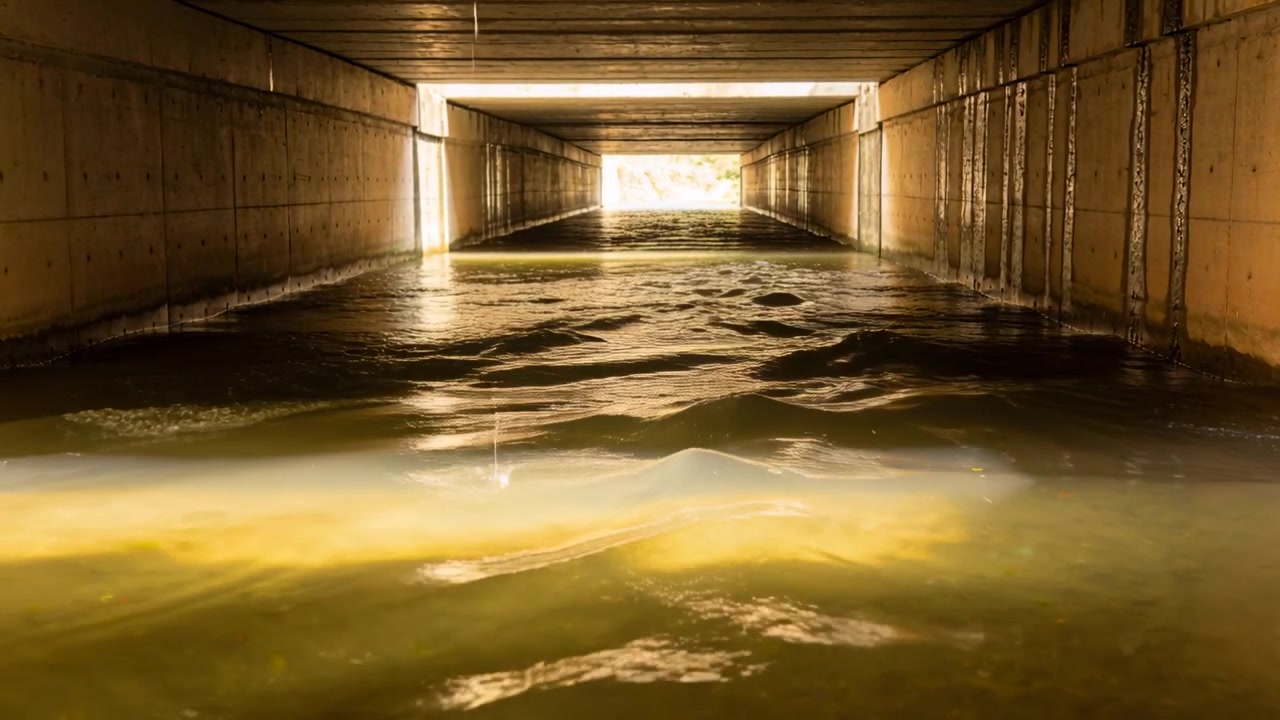 La gravità trascina acqua torbida, formando increspature all'interno di un canale di scolo in cemento verso lo sbocco alla luce del giorno.