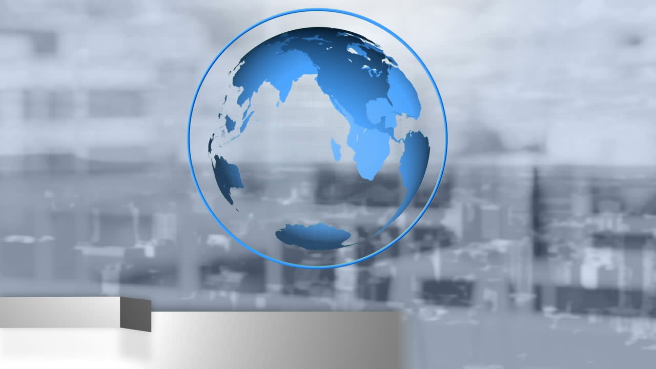 최신 뉴스 텍스트와 도시 풍경 위에서 회전하는 지구의 애니메이션