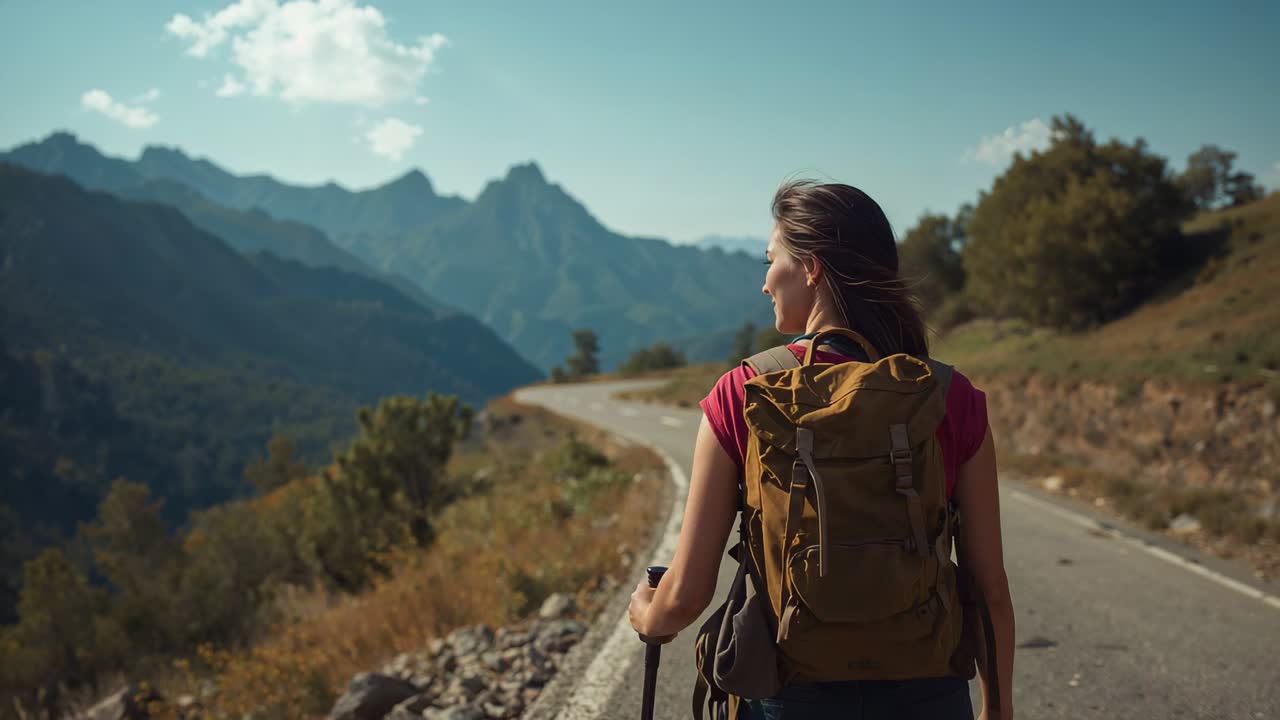 Walking woman hiker after stop with tan pack planting poles heading into valley wearing pink top