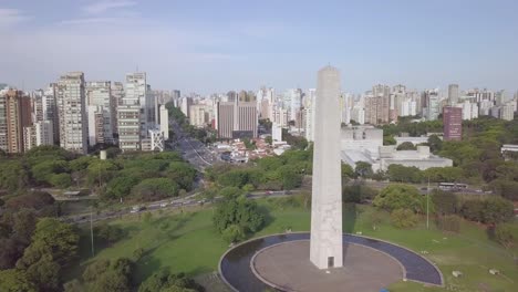 aerial panning shot of sao paulo city center in brazil wit obelisco monument near ibirapuera park and avenida paulista