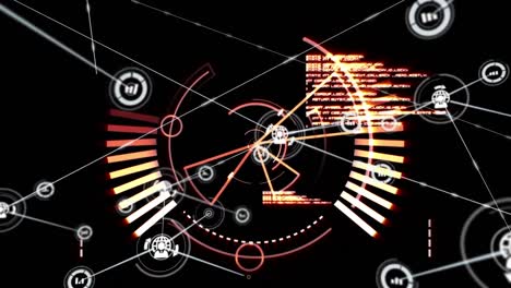 animation of network of connections over scope scanning and data processing on black background