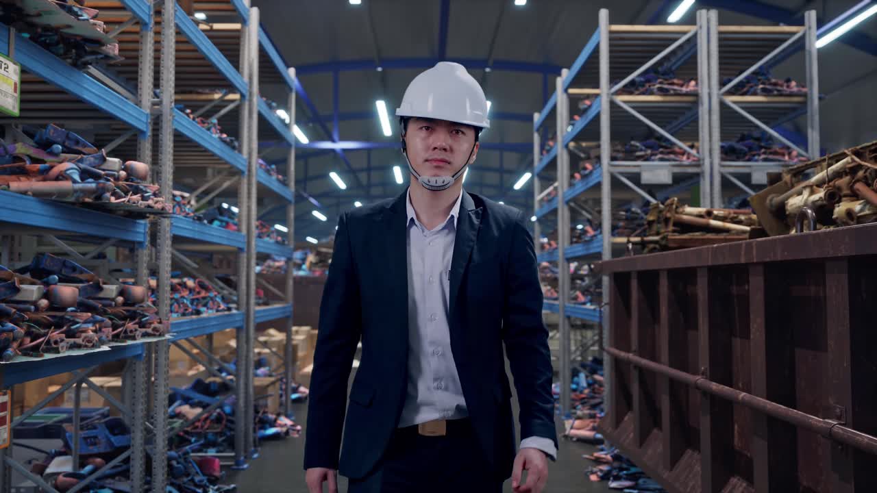 Vista frontale di un uomo d'affari asiatico che cammina presso un magazzino industriale di rottami metallici e riciclaggio