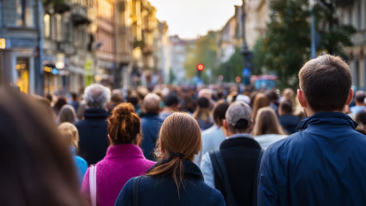 A Busy Urban Street Scene Captured During Golden Hour: A Diverse Group of People Walking Together in a Lively City Environment Filled with Energy and Movement