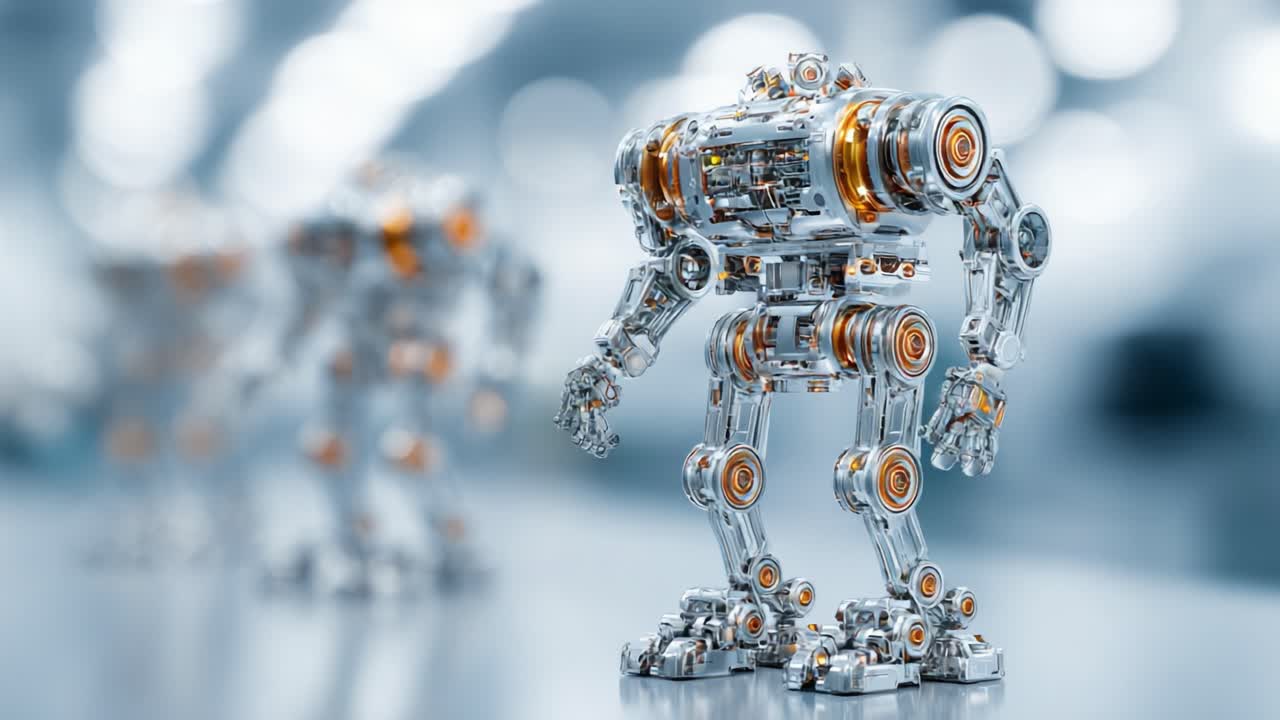 Futuristic Robotic Figures in a Sleek Environment, Showcasing Advanced Design and Mechanisms with a Captivating Aesthetic Appeal and High Detail