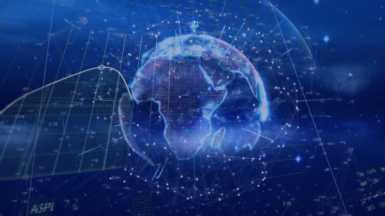 파란색 배경에 회전하는 지구상에서 통계 및 증권 시장 데이터 처리의 애니메이션