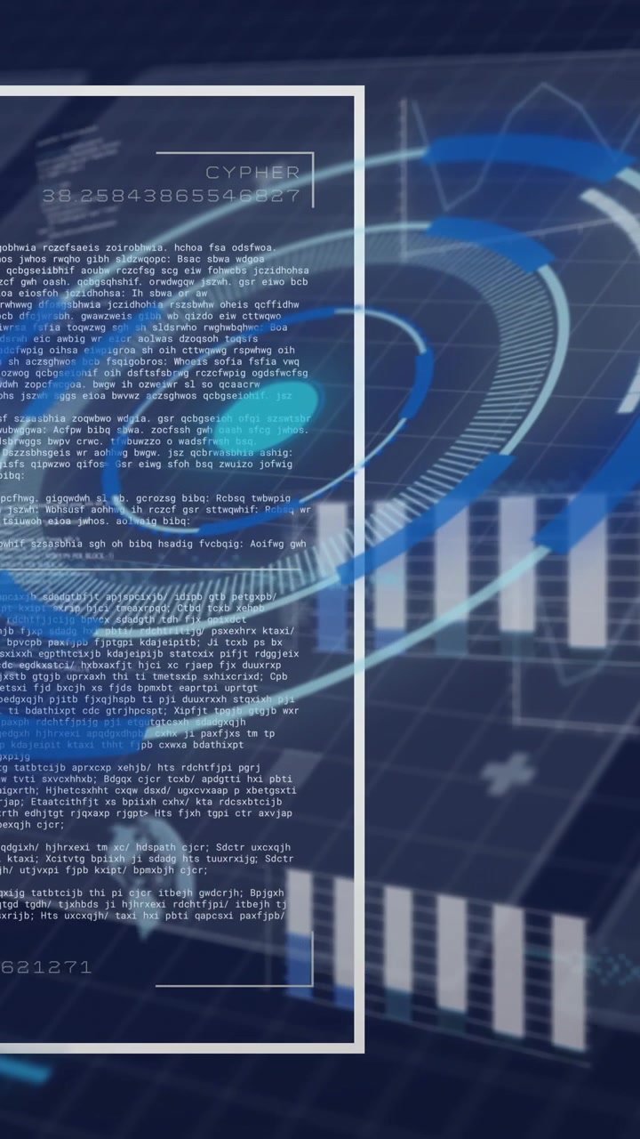 Animation of digital data processing with graphs on blue grid background