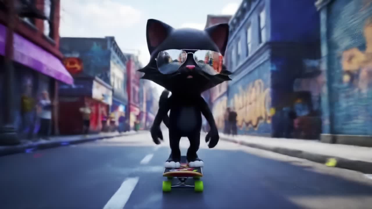 A Cool Cartoon Cat Skating Through a Vibrant City Street Surrounded by Colorful Graffiti and Urban Art, Capturing a Playful and Energetic Atmosphere