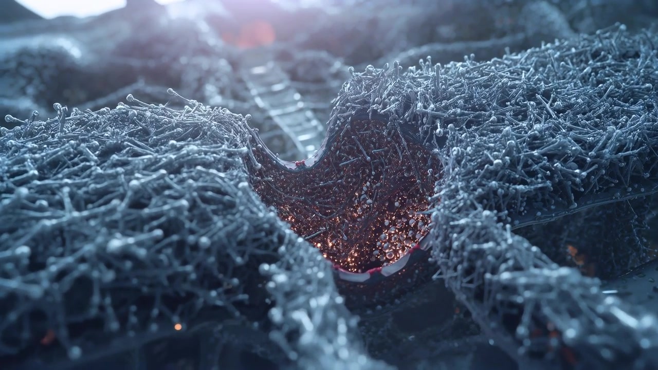 Cavità centrale che si illumina in una macro, un cambiamento di illuminazione che fa brillare le braci tra i filamenti