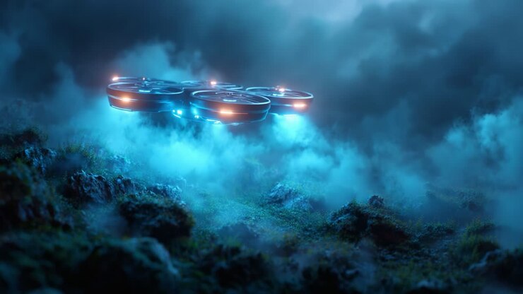 A Futuristic Drone Gliding Through Misty Terrain Surrounded by Ethereal Clouds and Ambient Lighting, Showcasing Advanced Technology in an Enigmatic Environment