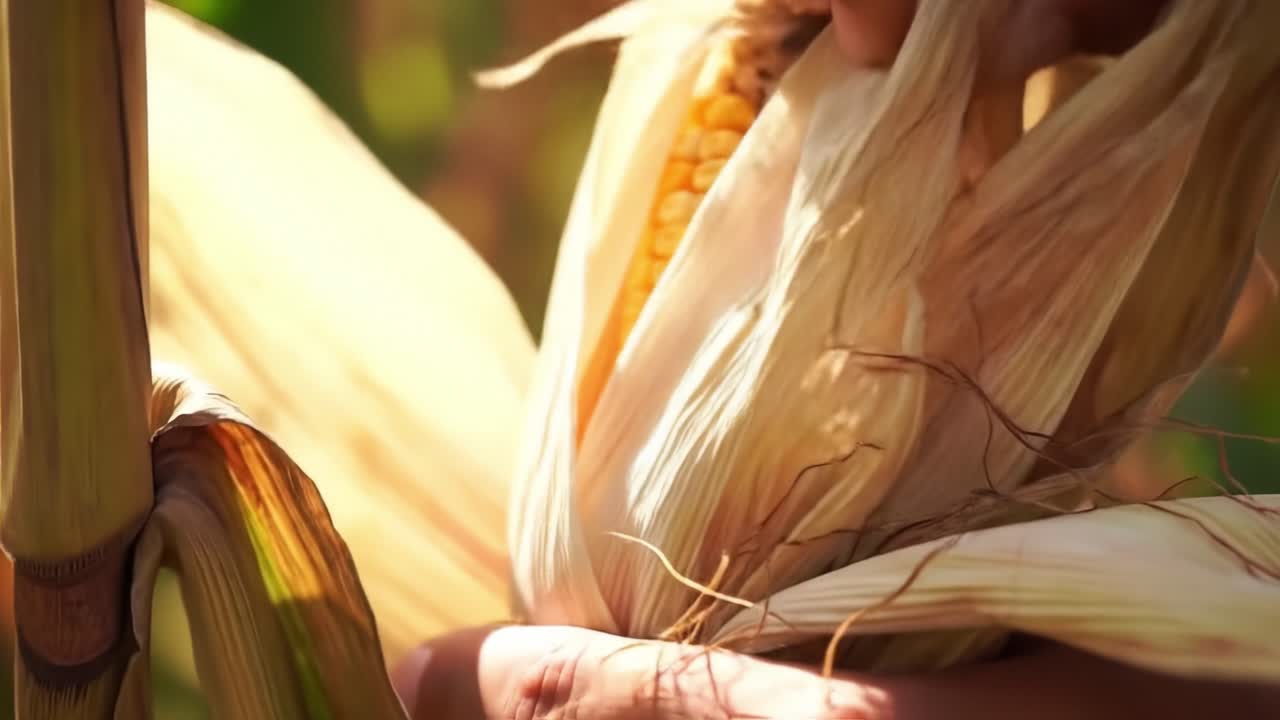 Harvesting Fresh Corn: A Close-Up on the Intricacies of Peeling Corn Husks to Reveal Plump, Golden Kernels Ready for Enjoyment