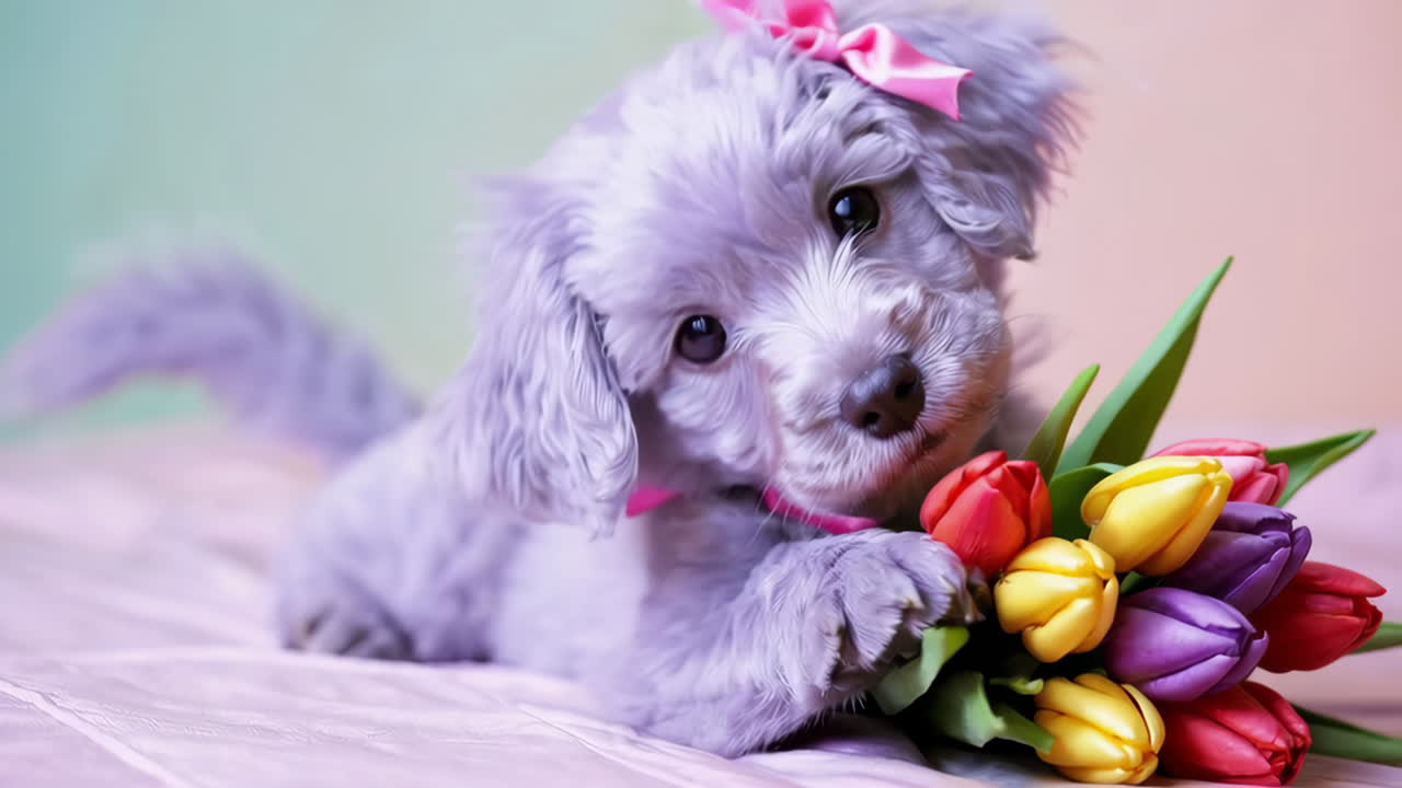un lindo cachorro con tulipanes