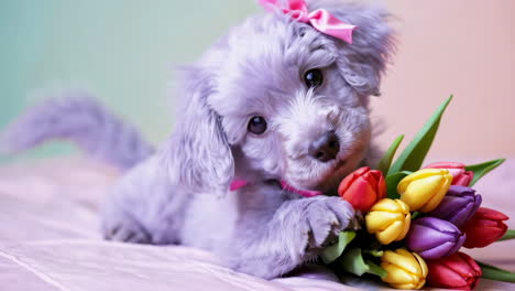 cute puppy with tulips