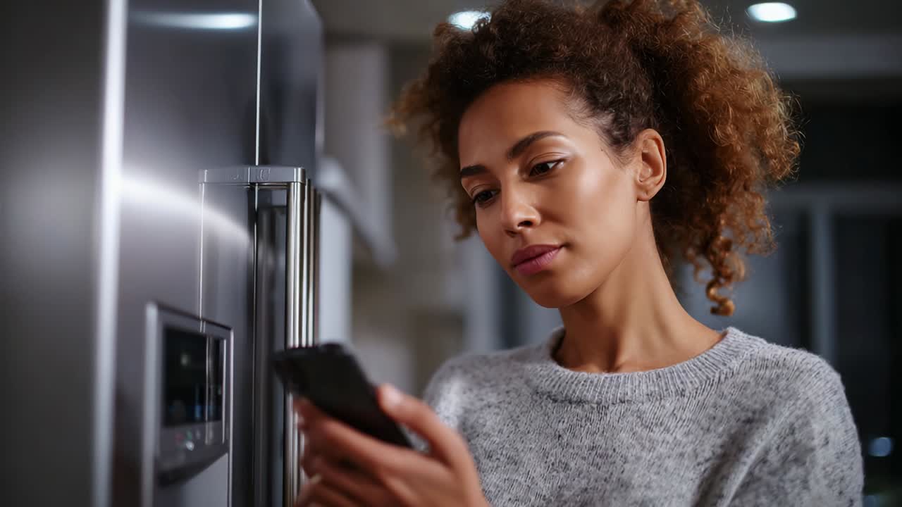 A young woman thoughtfully checks her smartphone while standing next to a refrigerator in a cozy, modern kitchen setting, showcasing the blend of technology and daily life moments