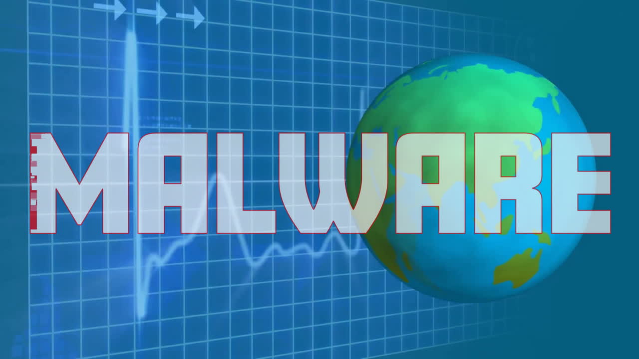 animación de texto de malware y procesamiento de datos en todo el mundo