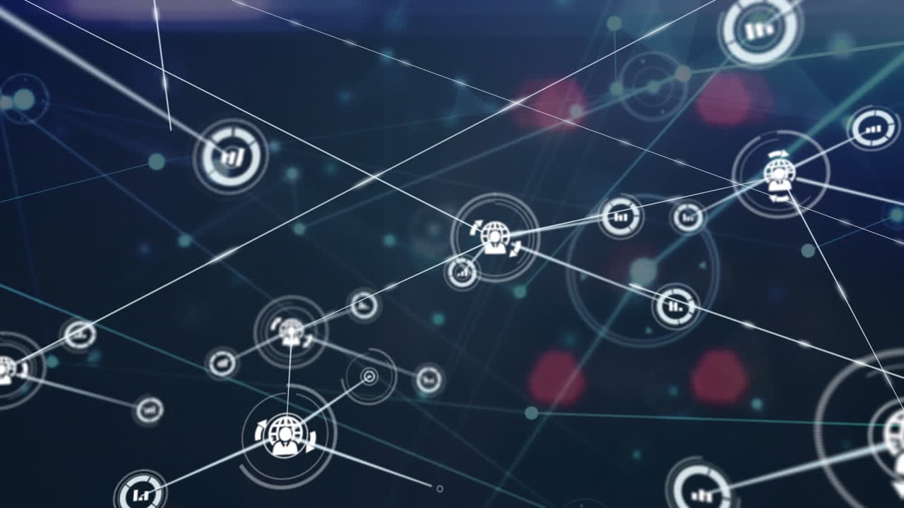 Animation af netværk af digitale ikoner og plexus-netværk mod luftfoto af bytrafik