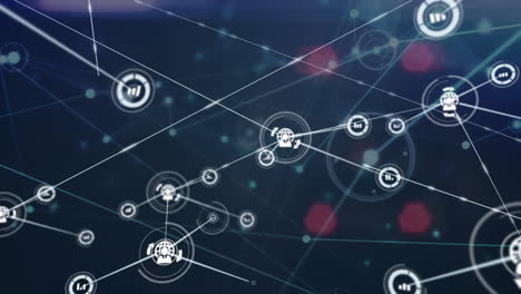 animation of network of digital icons and plexus networks against aerial view of city traffic