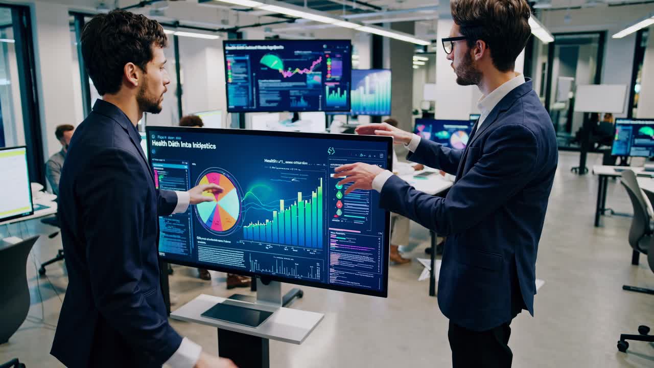 High-angle shot of a modern office with diverse professionals analyzing data on multiple screens