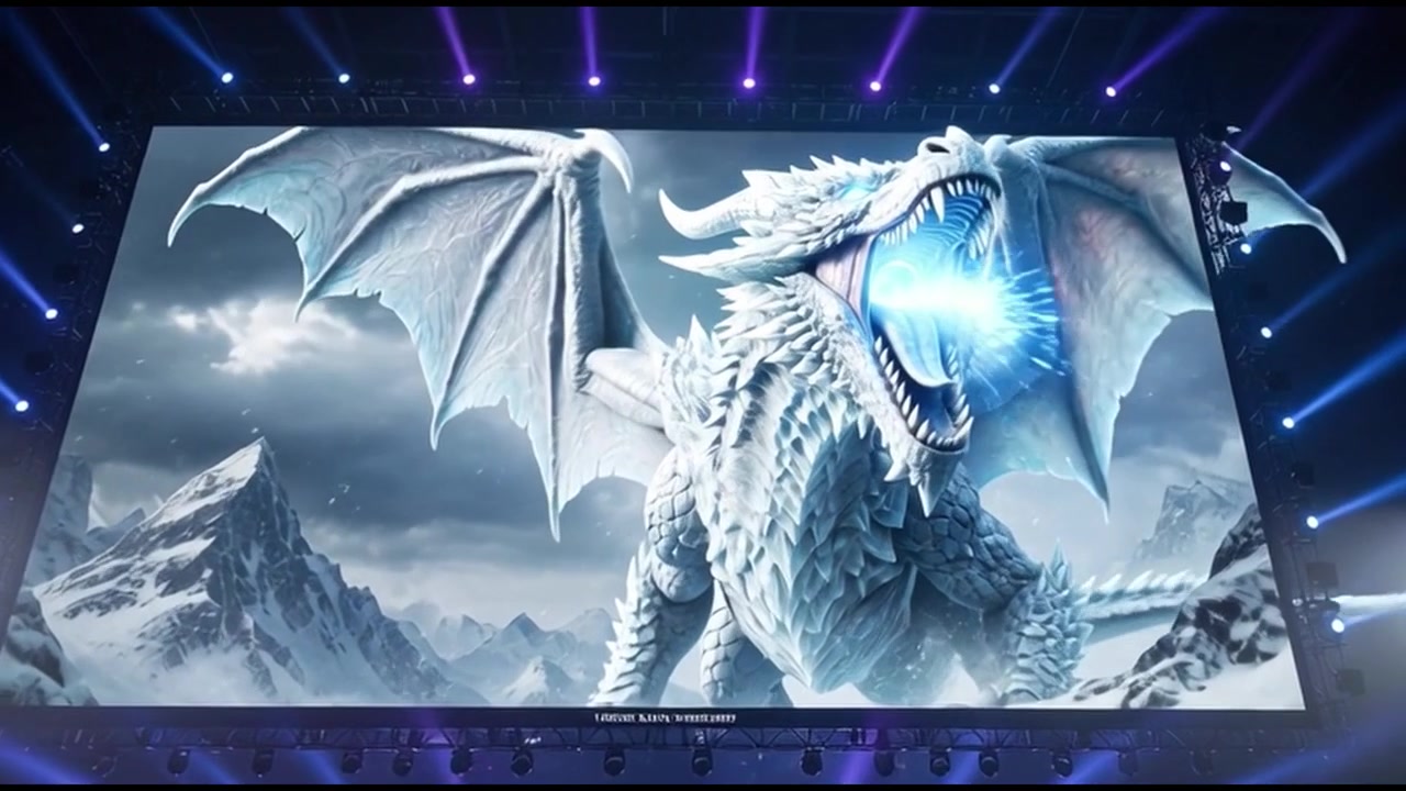 Animazione di drago di ghiaccio visualizzata su un grande schermo del palco a un evento dal vivo