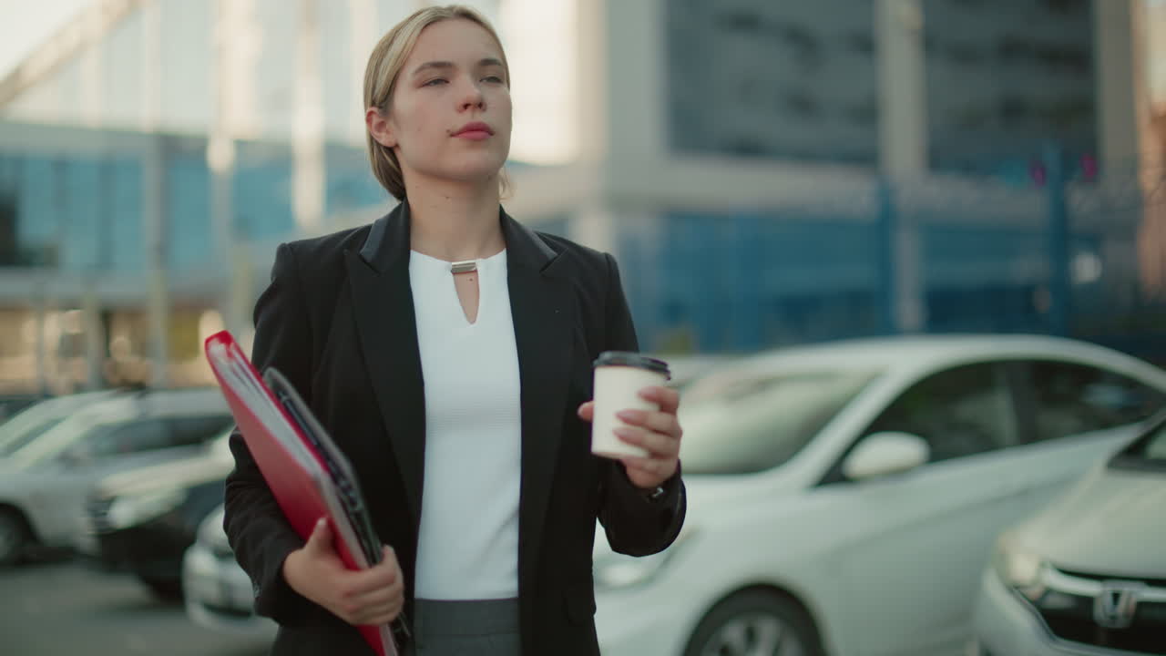 Confident business lady walking through urban parking lot with coffee cup and file folder in hands, eyes closed in moment of calm, surrounded by modern buildings and cars during busy city workday