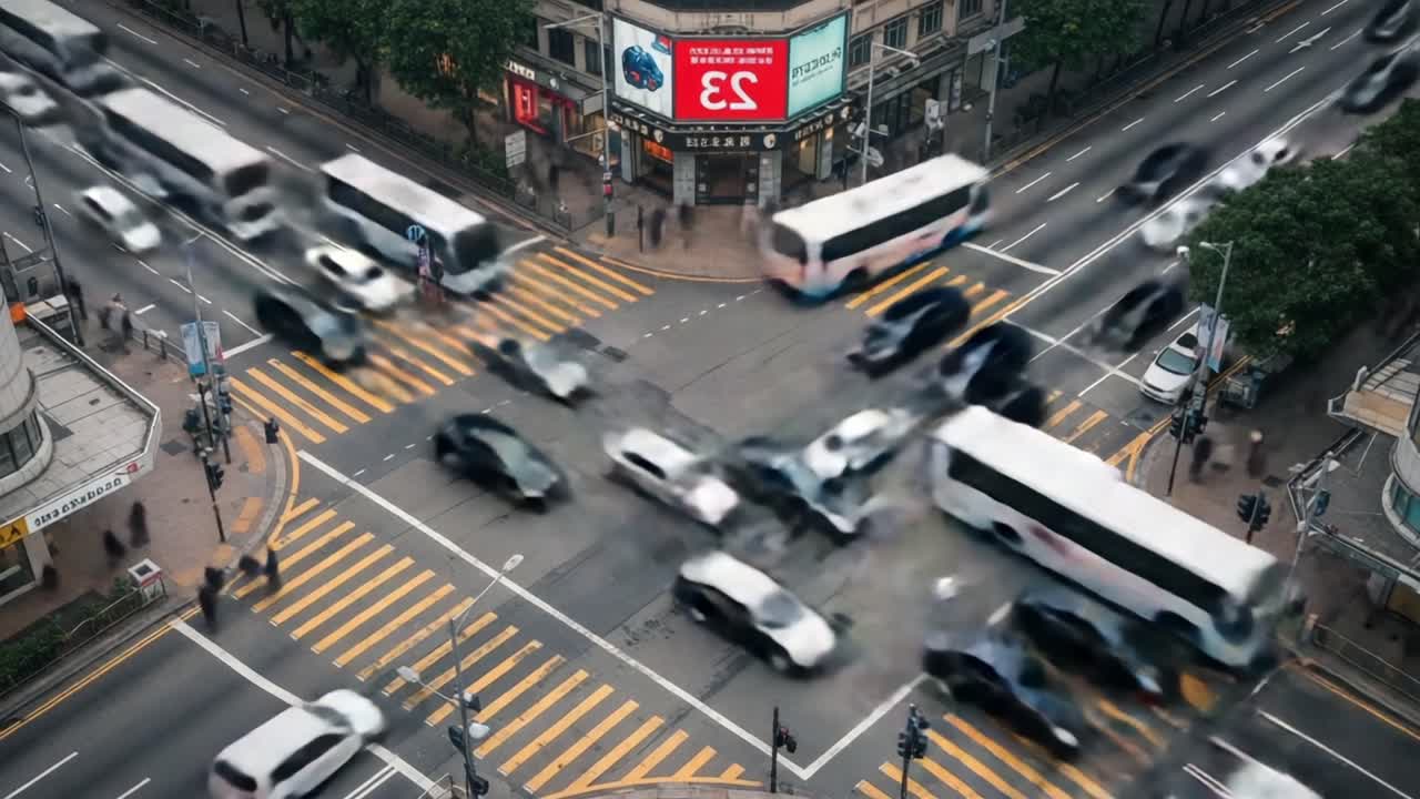 Bustling Urban Intersection Captured in Two Frames: A Dynamic View of Traffic Flow and Pedestrian Activity at a Busy City Crossroad