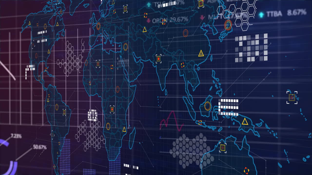 World map with data points and graphs, global data analysis animation