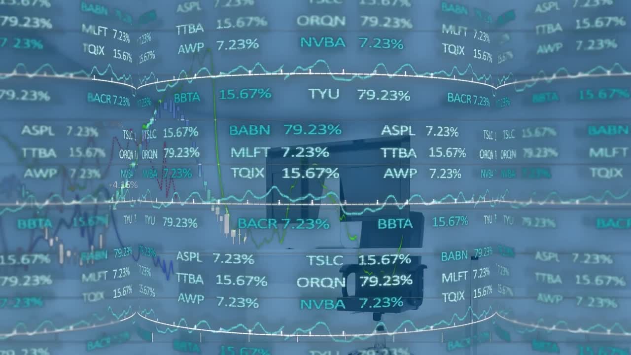 Animation of financial data processing over empty office