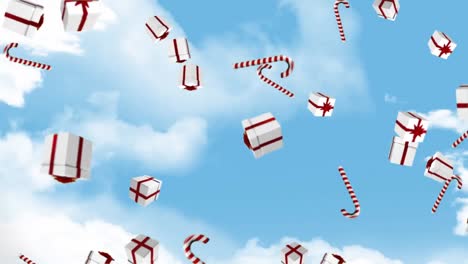 Animation-of-falling-gifts-and-candy-canes-over-cloudy-sky