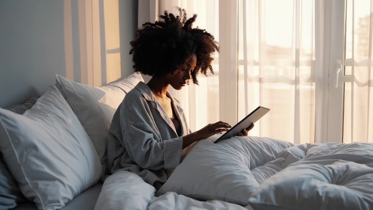 Woman in bed using a digital tablet in the morning light