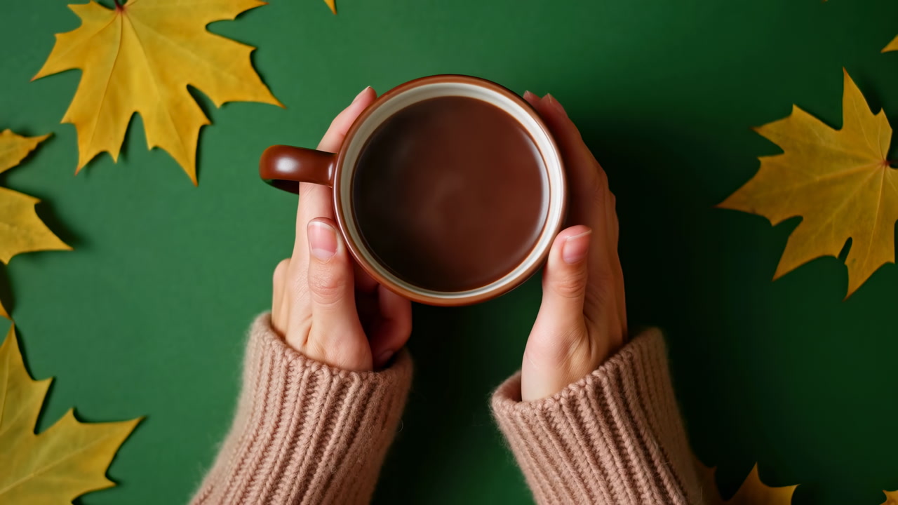 Hands Holding Cocoa Mug Overhead Green Soft Knitted Sweater Sleeves, Scattered Yellow Maple Leaves, Warm
