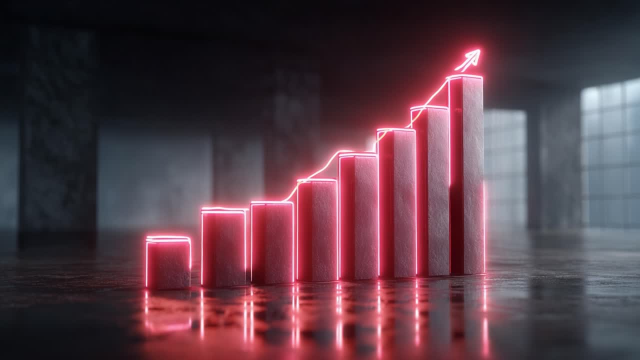 Dramatic Progression of a Bar Graph Illuminated by Neon Lighting, Signifying Growth and Success Across a Dimly Lit, Stylish Environment