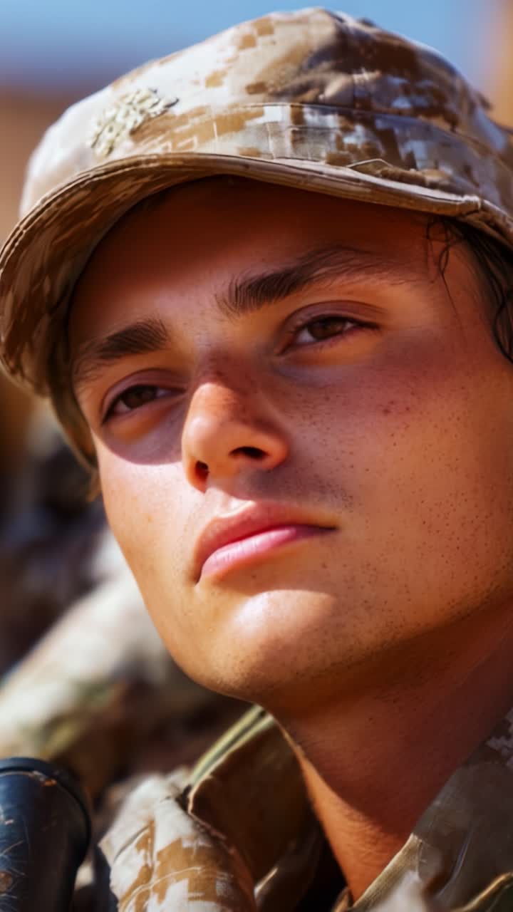 Close-up de um jovem soldado uniformizado com uma expressão calma, capturando a essência da resiliência e foco em meio à vida militar e seus desafios